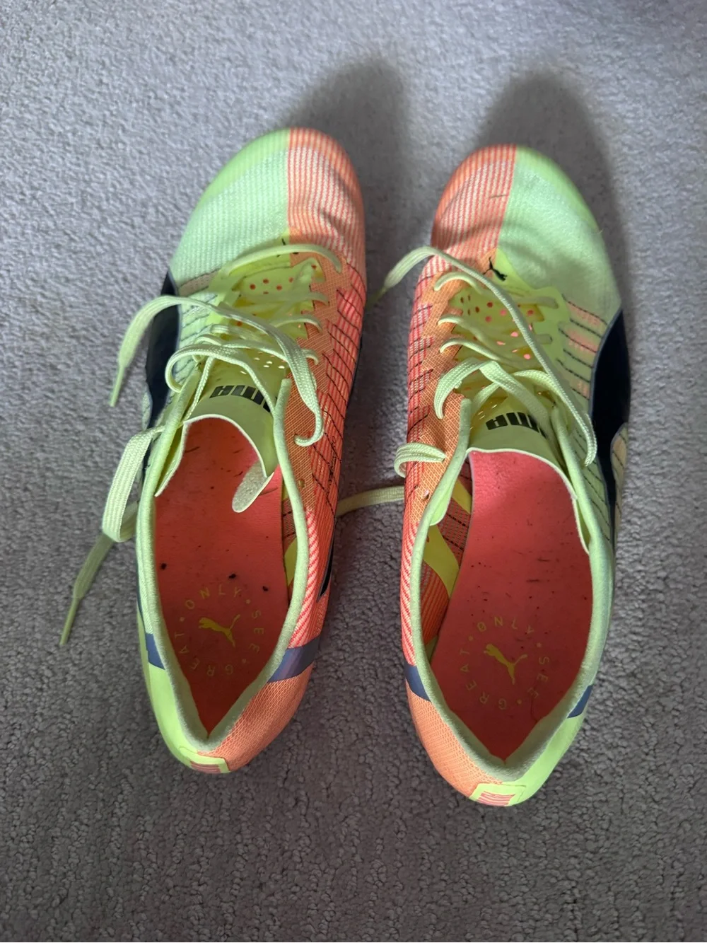 Puma Men’sYellow and Coral/Orange Track Cleats (metal) 10.5